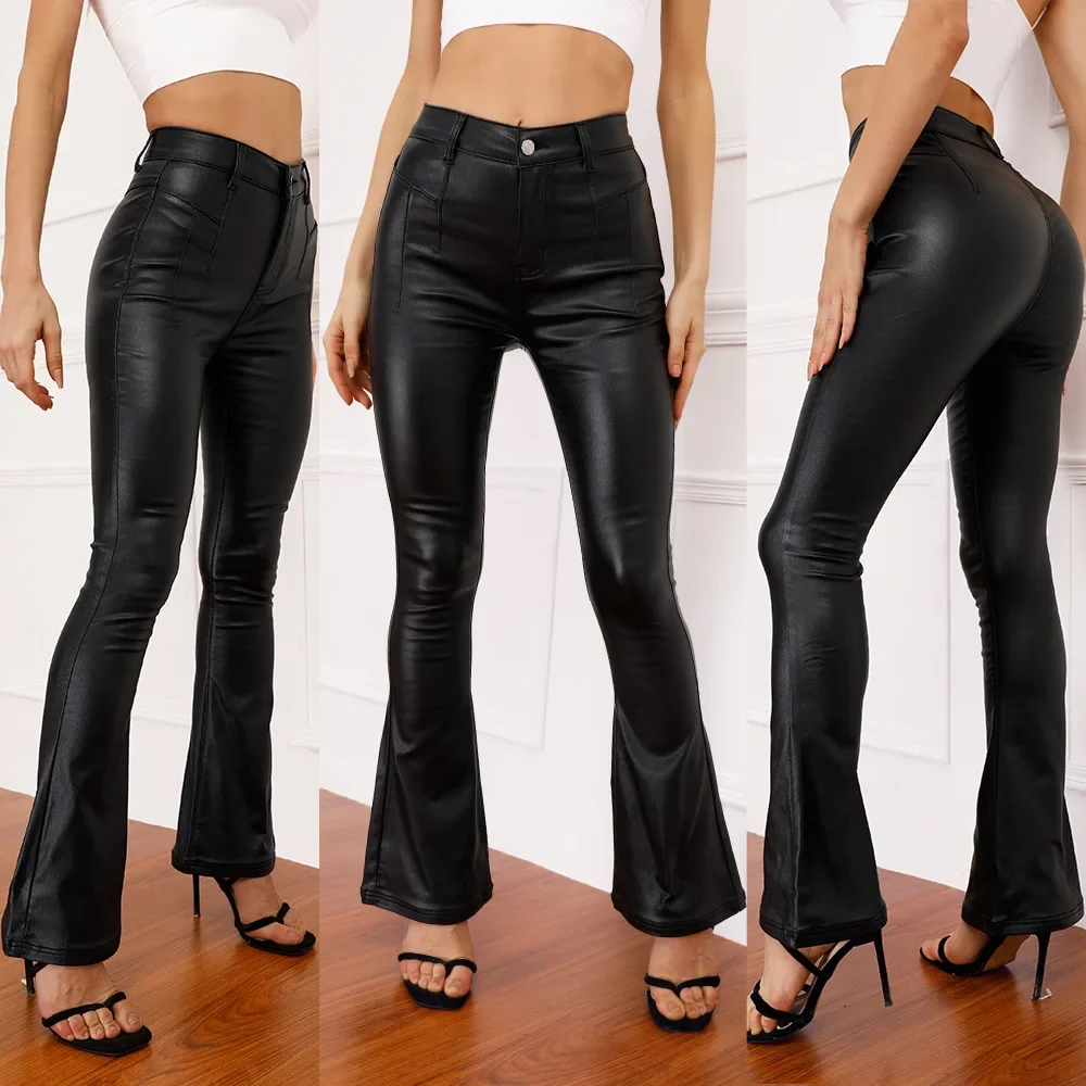 Women's High Waist Slim Fit Leather Pants, Fleece Lining, Rock Style, Flare Pants, Autumn, Winter