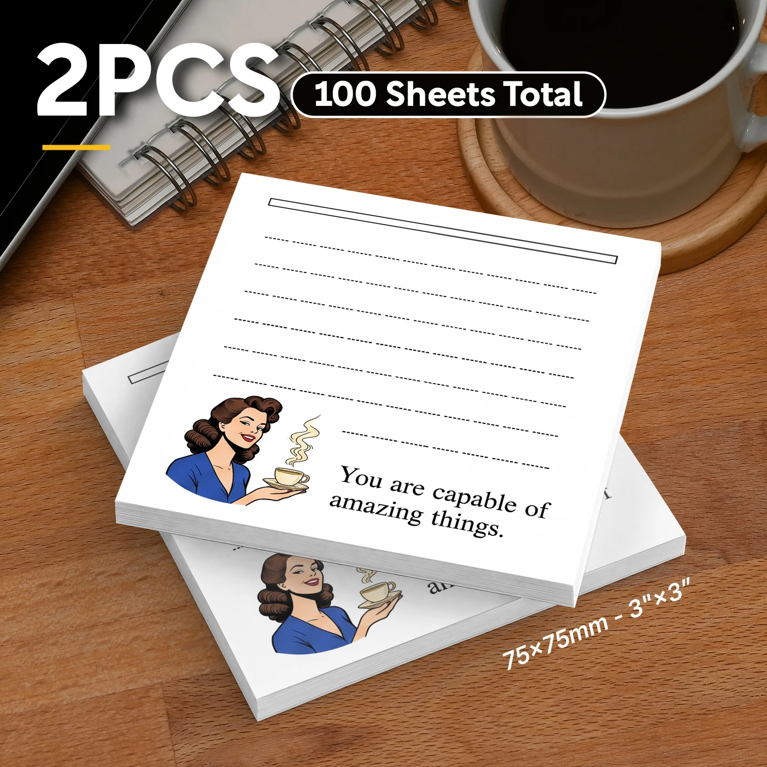 2pcs Retro Motivational Lined Sticky Notes, 100 Sheets Total, 3x3 Inch Self Stick Memo Pads, Cute Square Sticky Note Pads