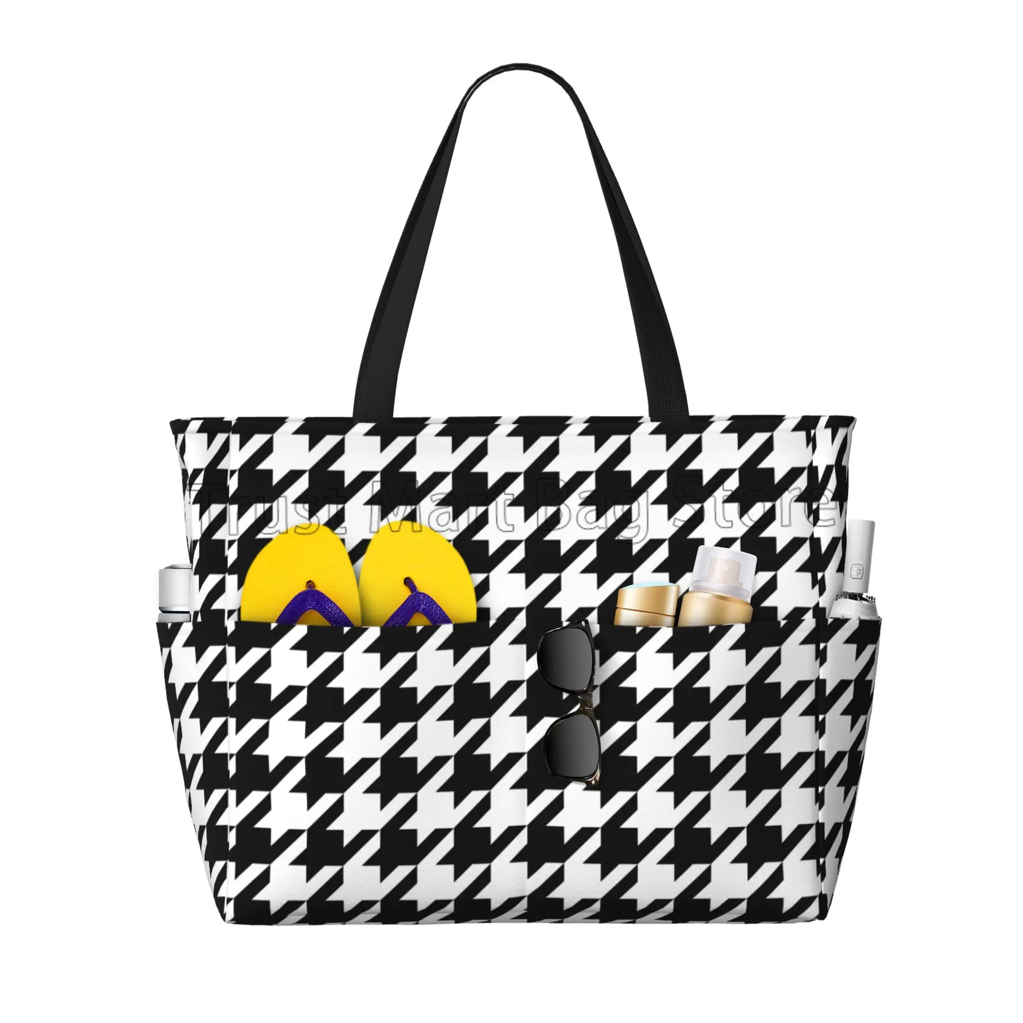 Black White Houndstooth Print Waterproof Beach Bag Large Travel Tote Bags Portable Pool Bags for Travel Vacation Swim Gym