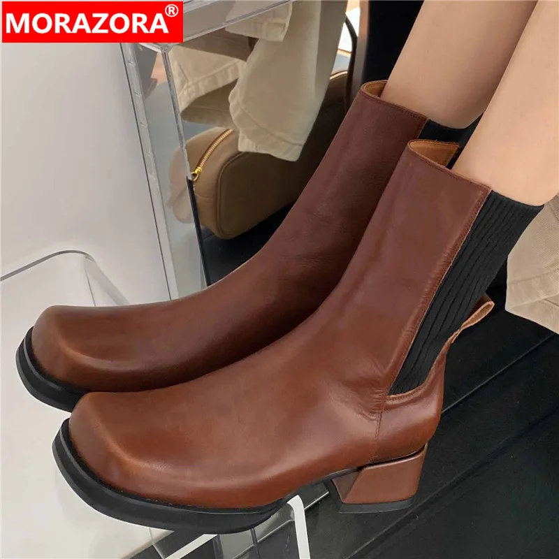 

MORAZORA 2024 New Genuine Leather Chelsea Boots Women Square Med Heels Platform Boots Female Slip On Mixed Colors Ankle Boots