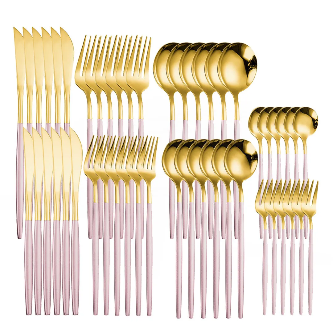 

Pink Gold Cutlery Set 48Pcs Stainless Steel Dinnerware Dinner Knives Forks Desseret Spoons Kitchen Golden Flatware Set Wholesale