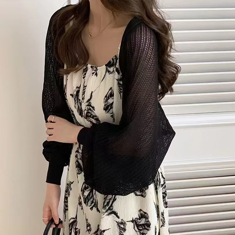Open Front Pointelle Knitted Cardigan Women Bolero Crop Top Spring Summer Lightweight Blouse Cover Up Openwork Shawl Outfit view 3