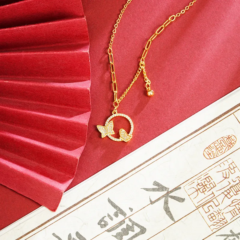 

New Chinese Necklace Au9999 24K Real Gold Light Luxury Diamond Round Butterfly Collarbone Chain Women's Design Sense