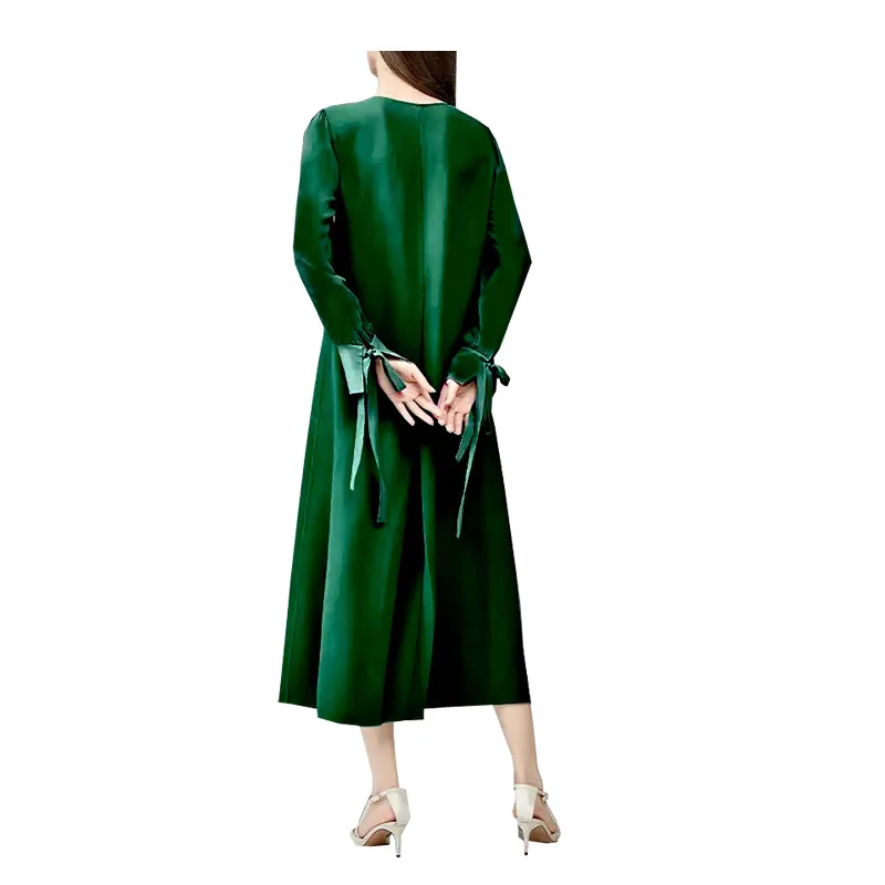 High-end Satin Triacetate Spring Summer Women's Crewneck Long-sleeved Dress Bow Lace-up Pleated Skirt Silky Drape Feeling Cool