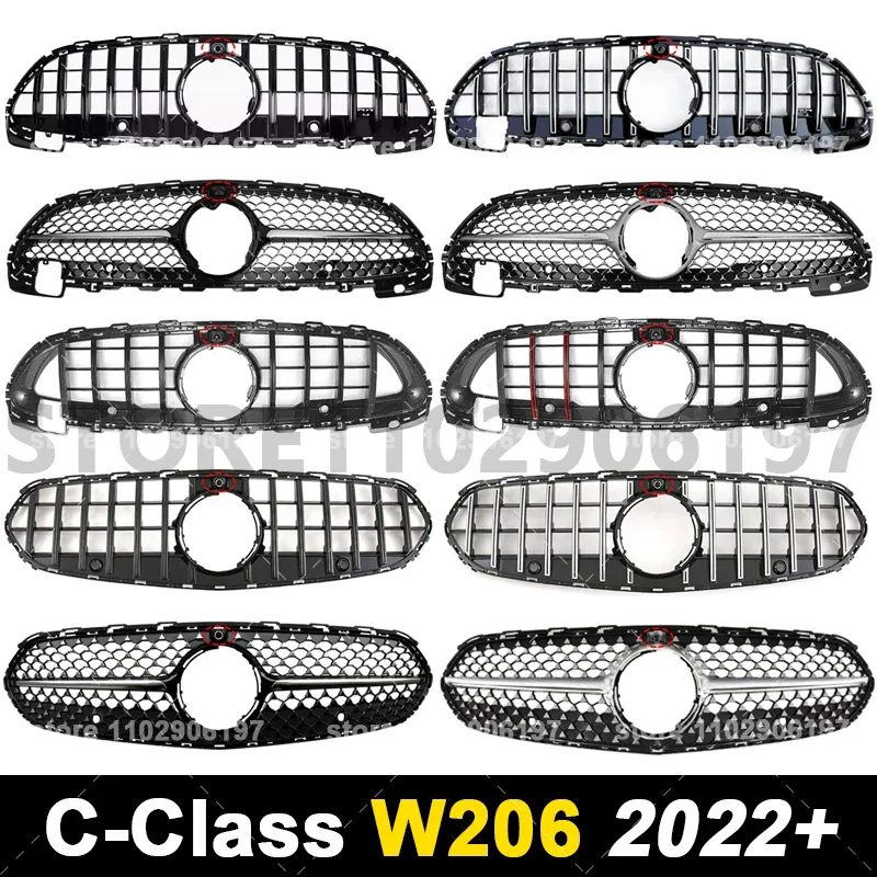 for W206 C Class 2022+ Mercedes Benz C200 C220 C260 C300 C43 C63 GT AMG Bumper Mesh Racing Grille With Camera Hole