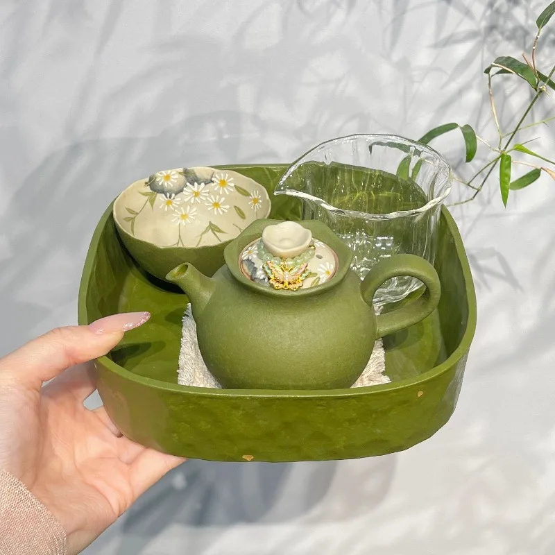 Pottery mud orange green hand-painted small daisy household one pot one cup with tray one person drinking set