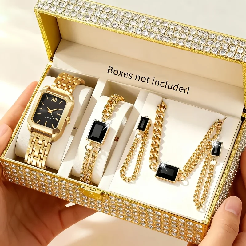 

High end women's watch set - quartz dial, suitable for parties, weddings, and daily wear 5pcs (watch+bracelet+necklace+earrings)