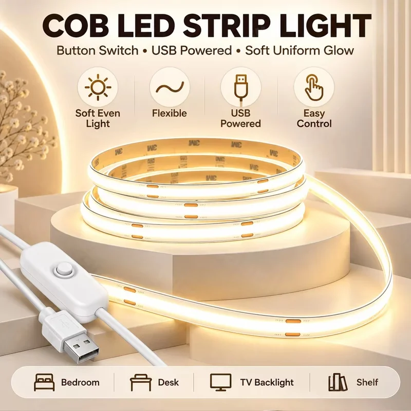 High Density COB LED Strip USB Button Switch Soft Uniform Light Flexible Easy Install For TV Backlight Bedroom Desk Shelf Home