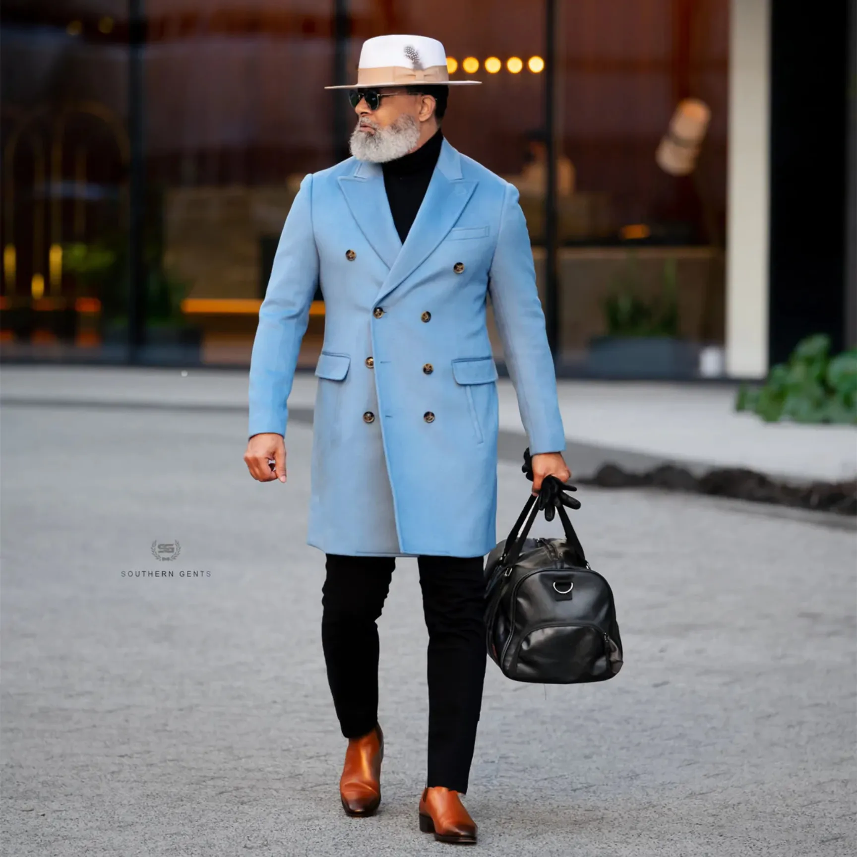 

Blue Woolen Men Coat One Piece Business Blazer Double Breasted Overcoat Warm Wedding Groom Formal Work Party Causal Tailored