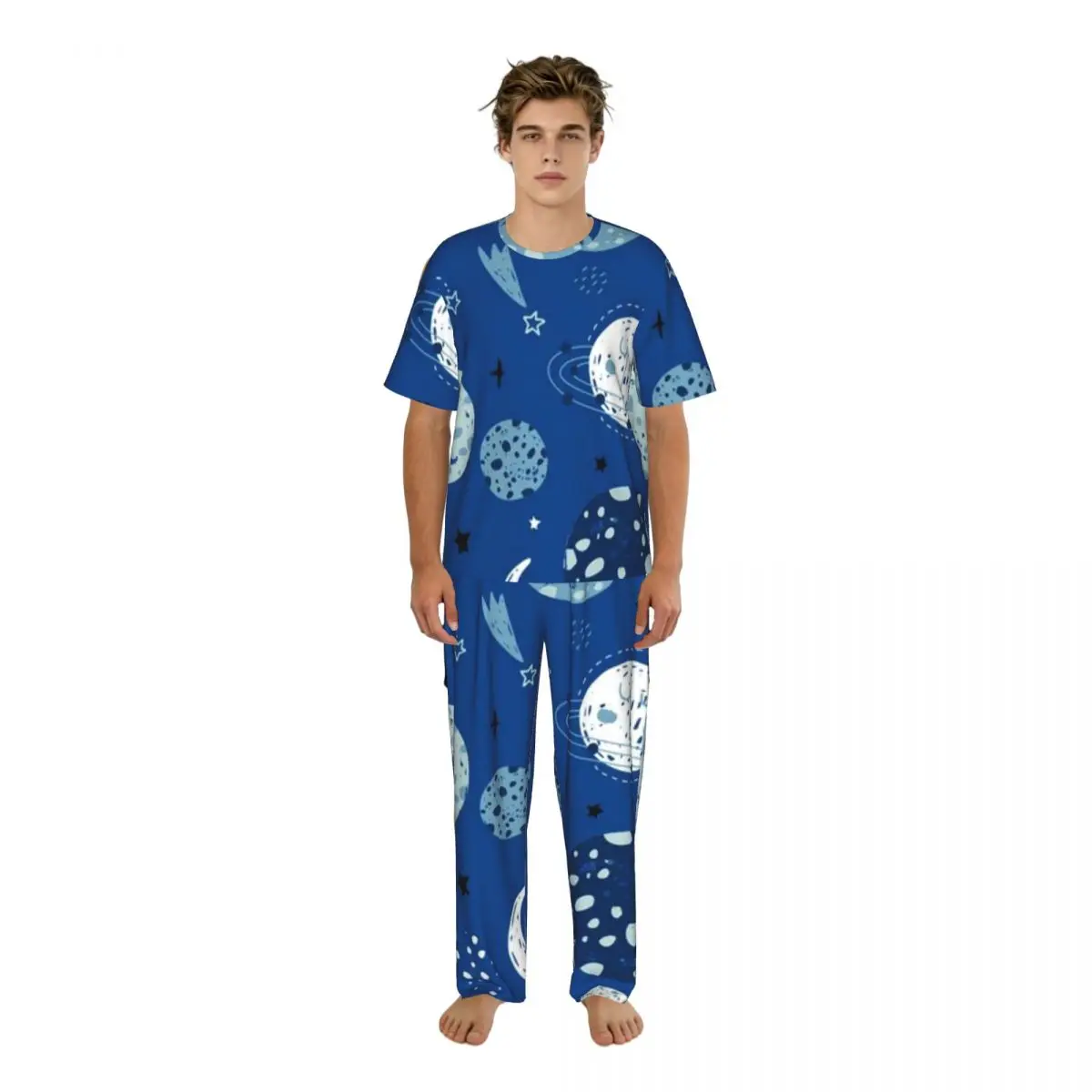 

Мужской пижамный комплект с принтом космоса, звезд, планет и галактики, с коротким рукавом, для весны и лета, домашняя одежда для сна, мужская ночная одежда