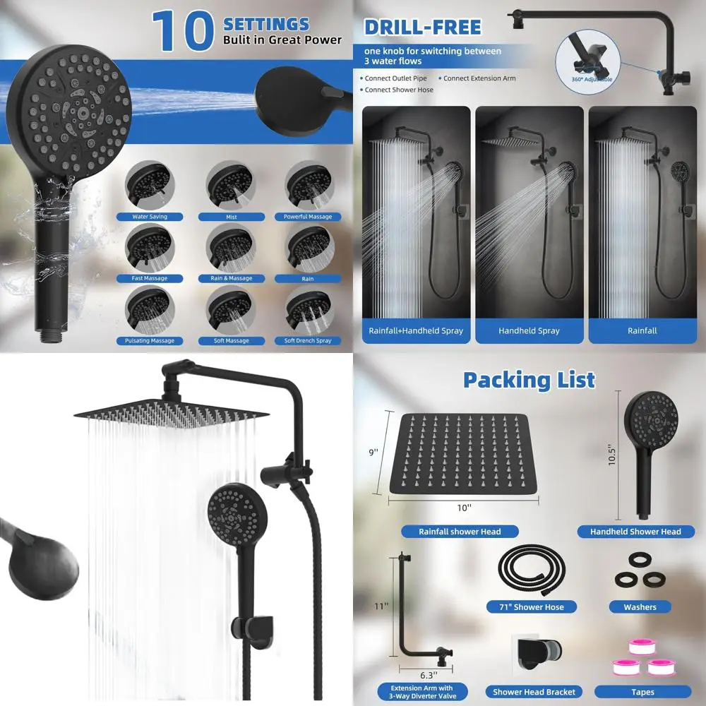 

10 Matte Black Shower Combo: High-Pressure Rainfall & Handheld with 11 Arm and 71 Hose