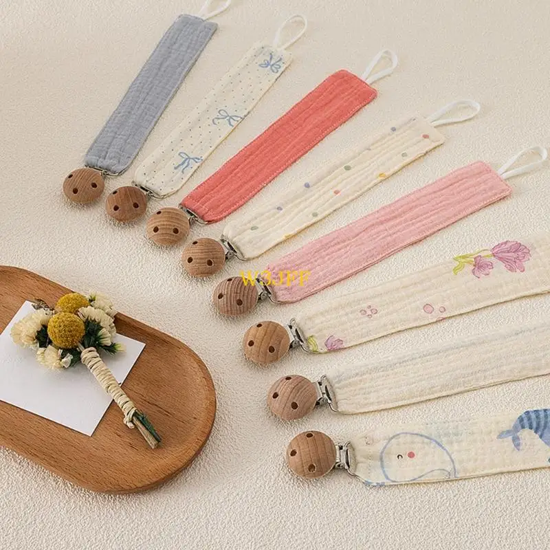 W3JF Washable Cotton Pacifier Lanyard Multi Functional Designs with Wooden Clasp Patterned Tether for Newborn Security