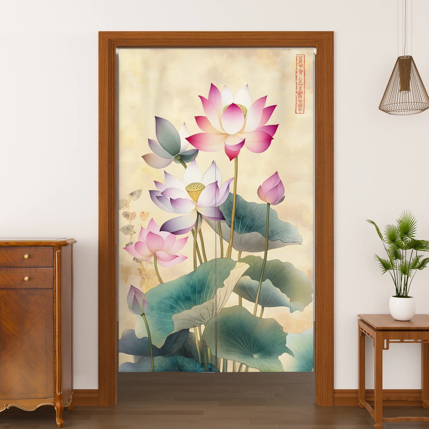 Velcro Floral Door Curtain Japanese Style Lotus Home Decor Split Doorway Curtain Bedroom Kitchen Entrance Partition Half-Curtain