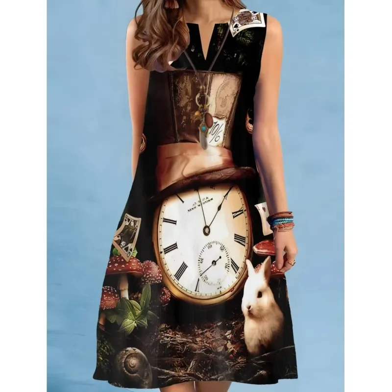 

Vintage Big Clock Printed Women's Dress Sexy Sleeveless V-neck Loose Mini Dresses New 2025 Summer Clothing Casual Women Sundress