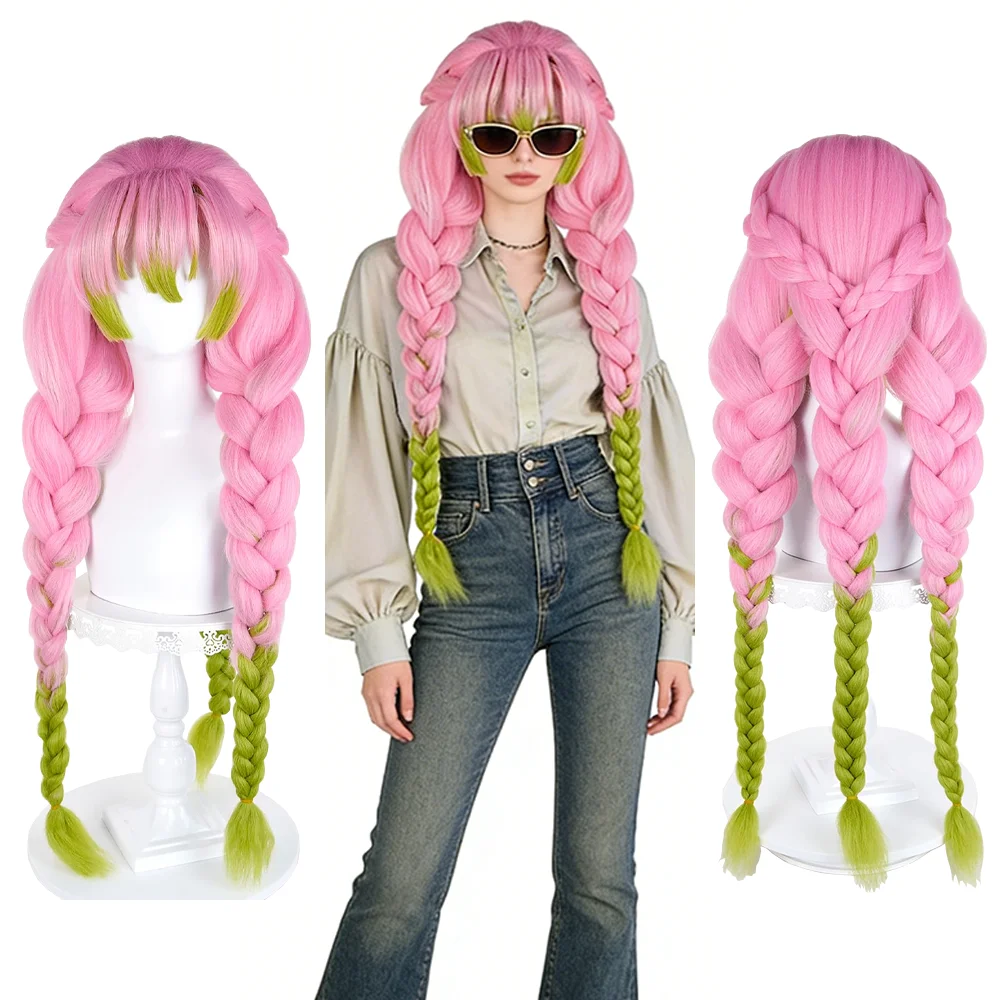 

Предварительно уложенный и сплетенный парик для косплея Канроджи Мицури, 90 см, градиентный розово-зеленый, с 3-прядными косами, для женщин, для Хэллоуина и мероприятий