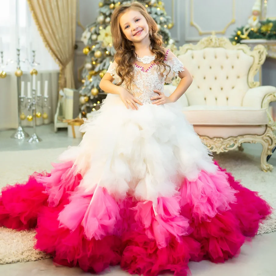 

Long Train Tailored Girls Dresses for Wedding Guest Kids Tiered Tulle Ball Gown Birthday Party Pageant Dresses First Communion