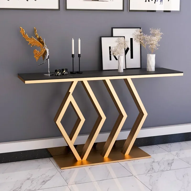 Table Console Carrée Dorée en Acier Inoxydable, Meubles Longs de Salon