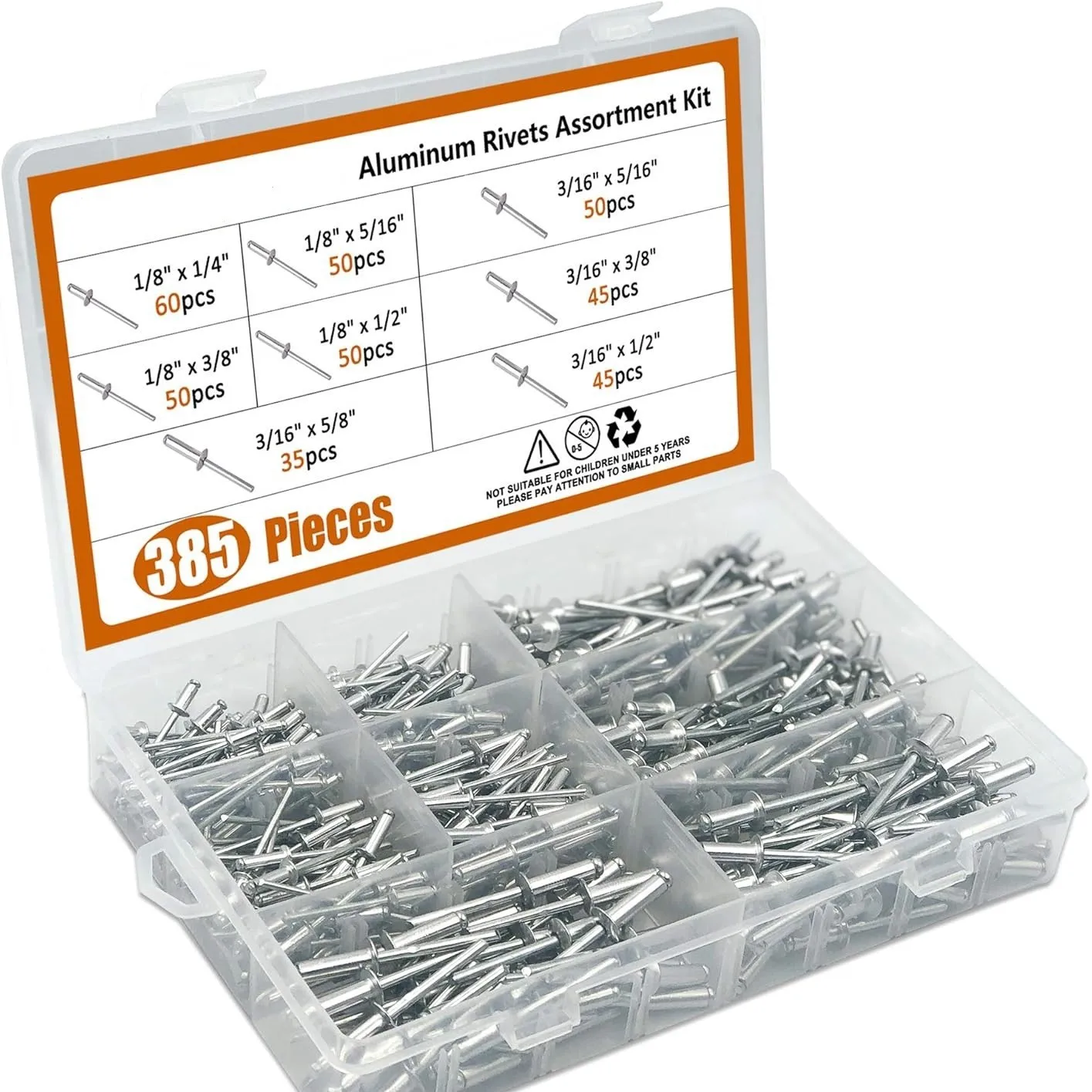 385PCS 8 Size Aluminum Blind Rivets Pop Rivet Assortment Kit Silver Rivet Set
