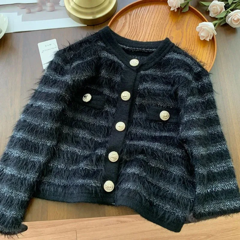 

Осенняя одежда 2024, меховой лоскутный кардиган, модный однобортный Sueter Mujer, корейский свободный вязаный свитер, топы