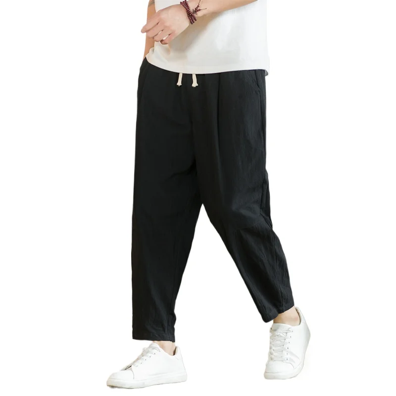 Streetwear Men Cotton Trousers Casual Solid Color Long Pants Breathable Drawstring Straight Pants Harem Pants Men Baggy Pants