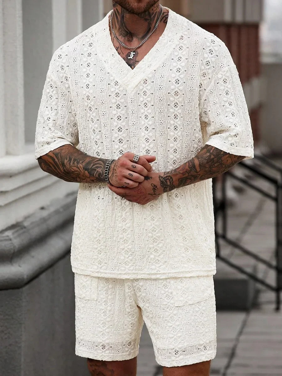 

Mens V-Neck Knitted Crochet Two Piece Set White Casual Summer Outfit