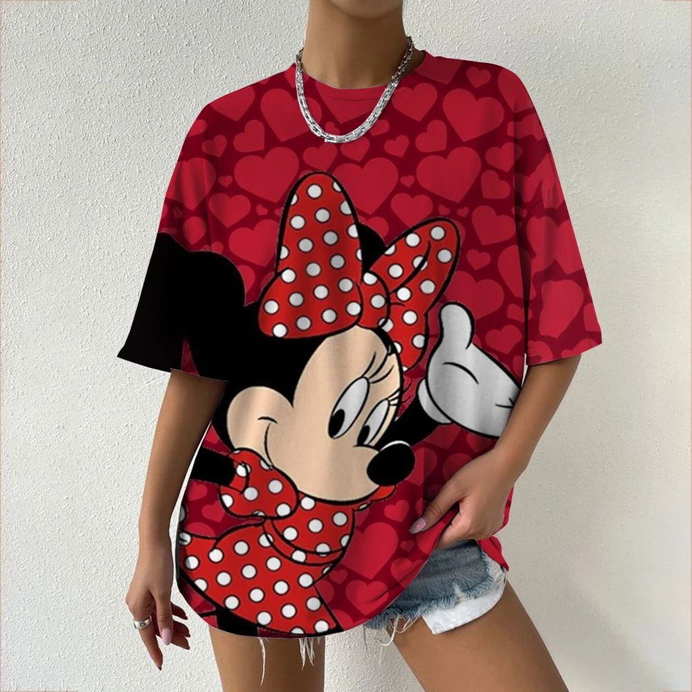 

Disney Minnie Mouse T-Shirt Summer Casual Short Sleeve with Red Heart & Polka Dot Print Cute Cartoon Character Tee for Ladies