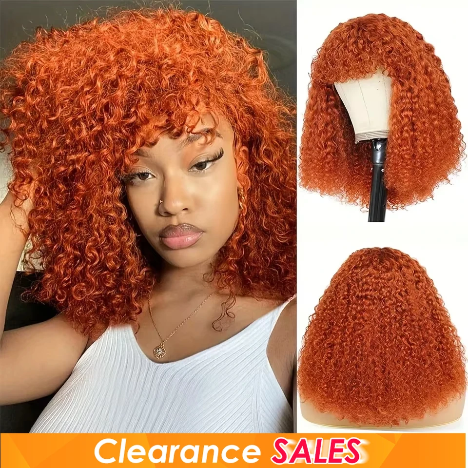 Ginger Jerry Curly Short Pixie Bob Cut Remy Human Hair Wigs With Bangs Honey Blonde Orange Non lace front Wigs For Black Women