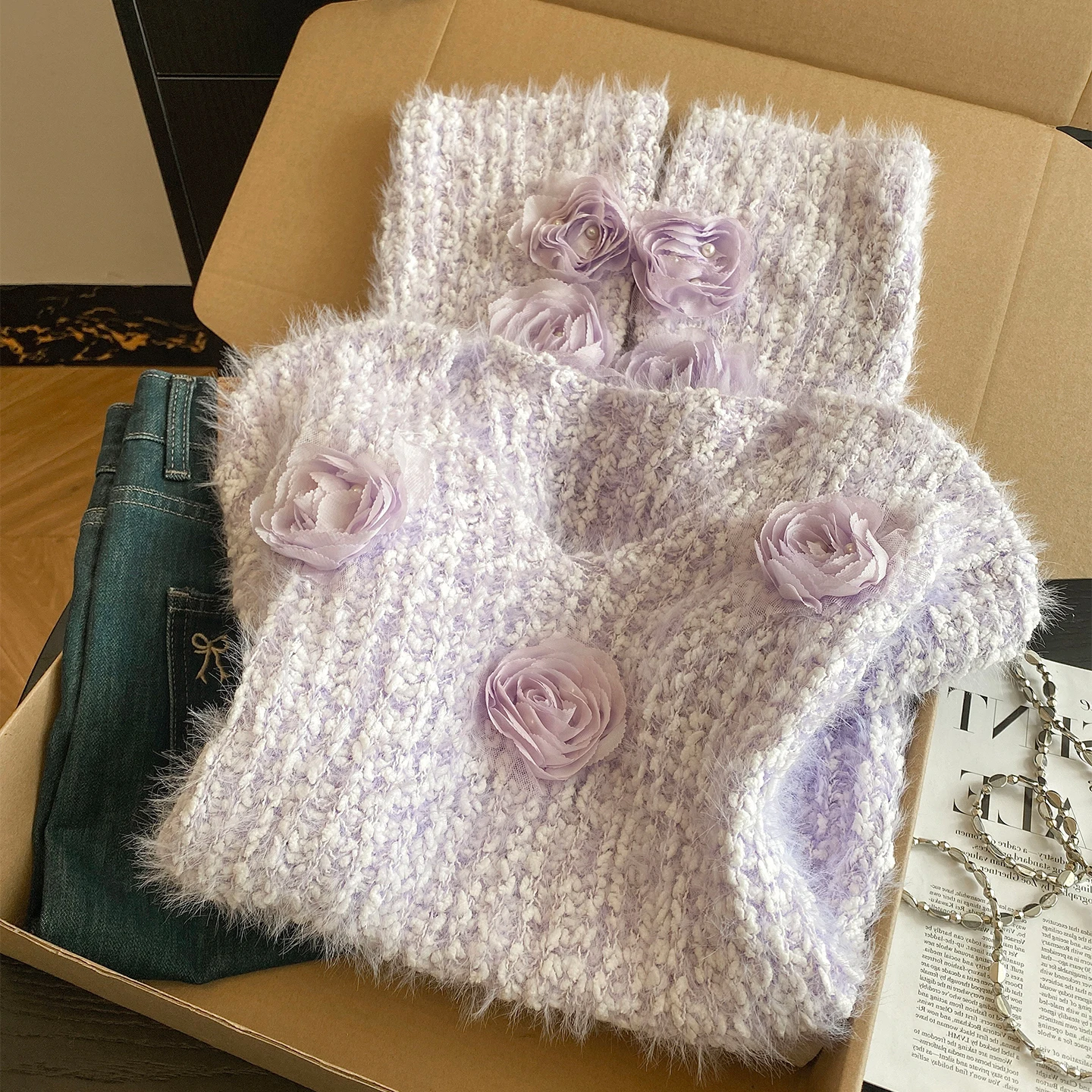 

Loose V-neck Three-dimensional Flower Women's Sweater Long Sleeved Pullover For Autumn Winter Soft Plush Knitted Sweater Top