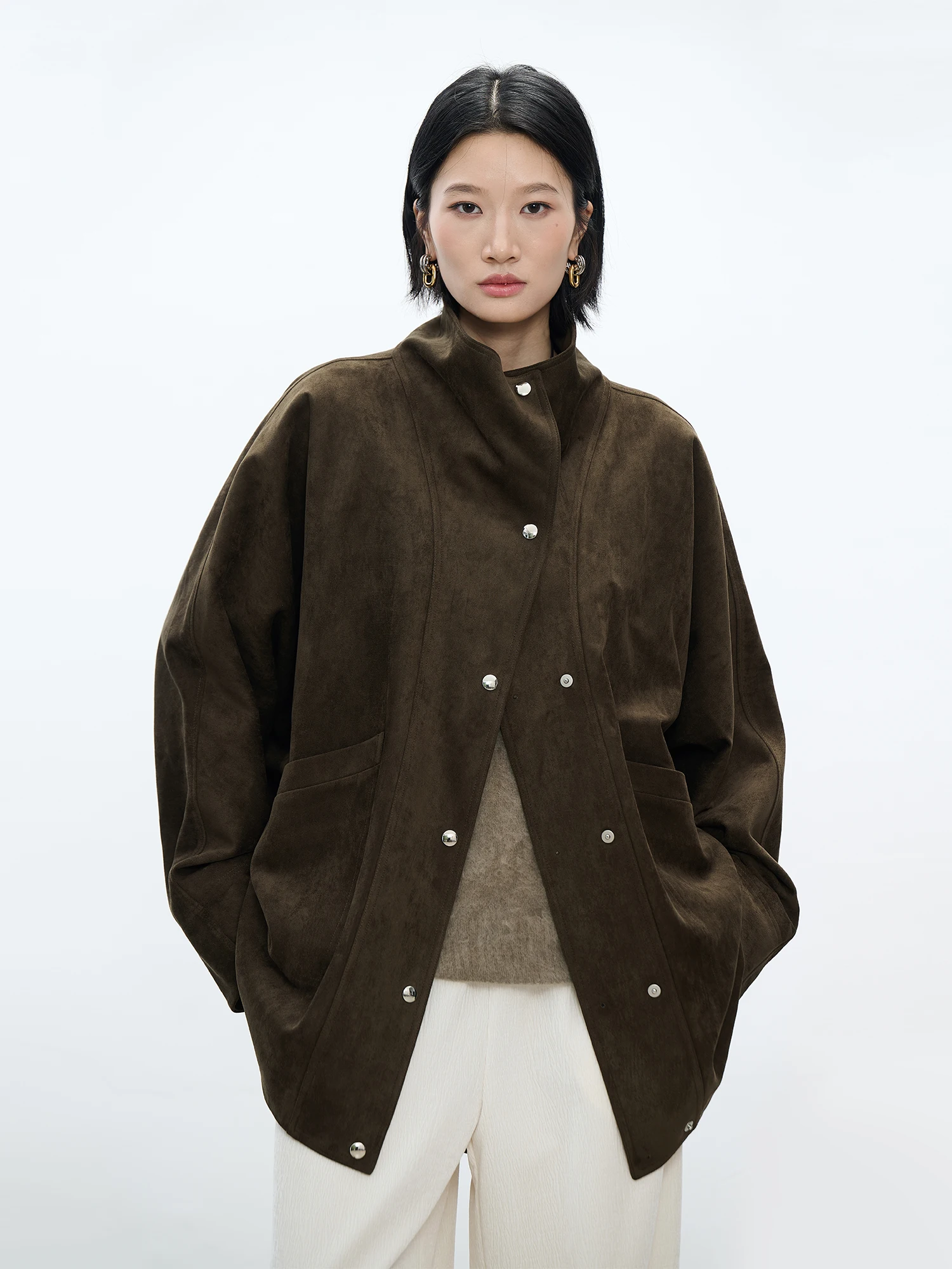 CE&MO Autumn Winter Premium Eco-Friendly Suede Batwing Sve Loose A-Line Workwear Jaet Leather Coat Women's Faion