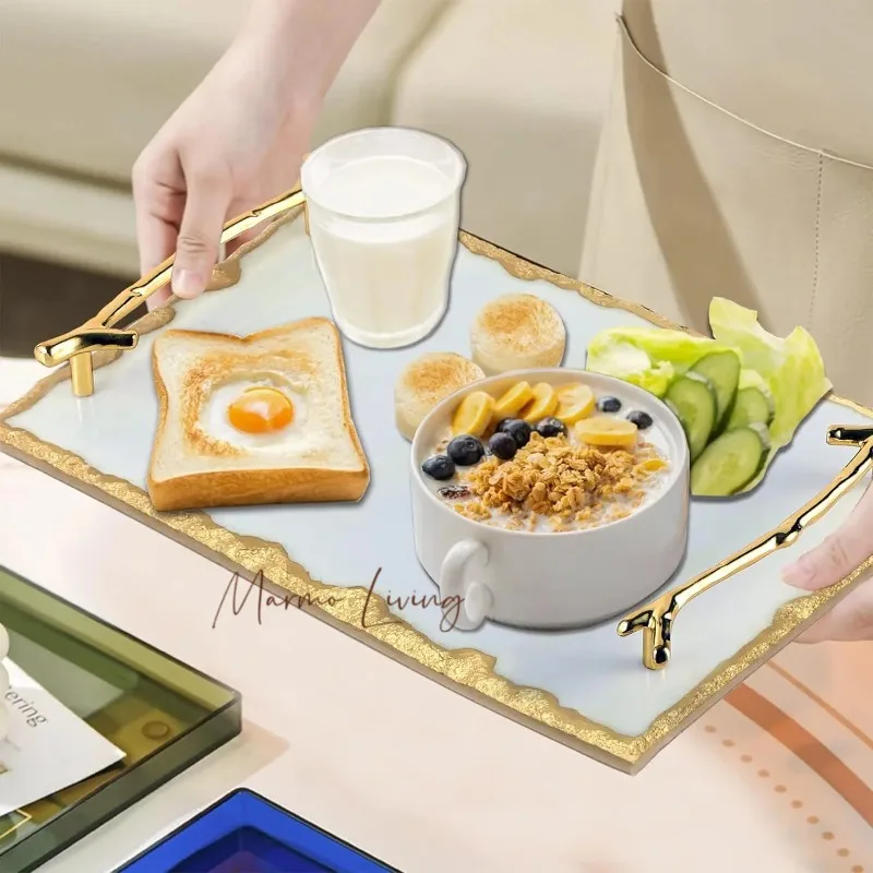 

Natural Marble Vanity Tray with Golden Edges and Handles, Luxury Serving Tray for Kitchen Counter Dresser Nightstand Desk