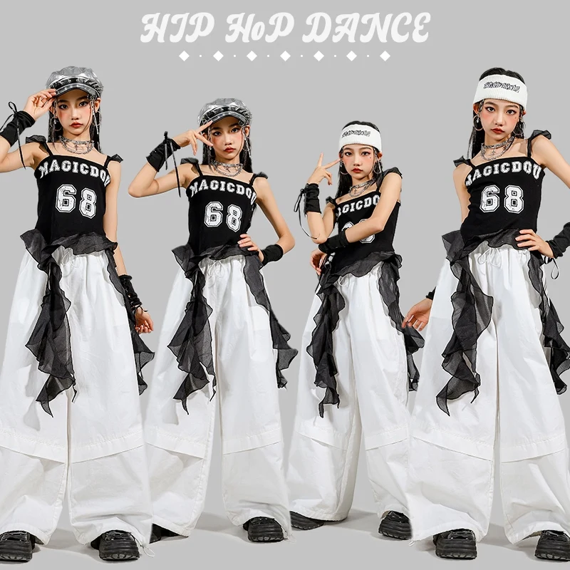 

Jazz Dance Clothes Hip Hop Girls Kpop Costume Black Tops Summer White Pants Loose Practice Performance Outfits Streetwear L16356