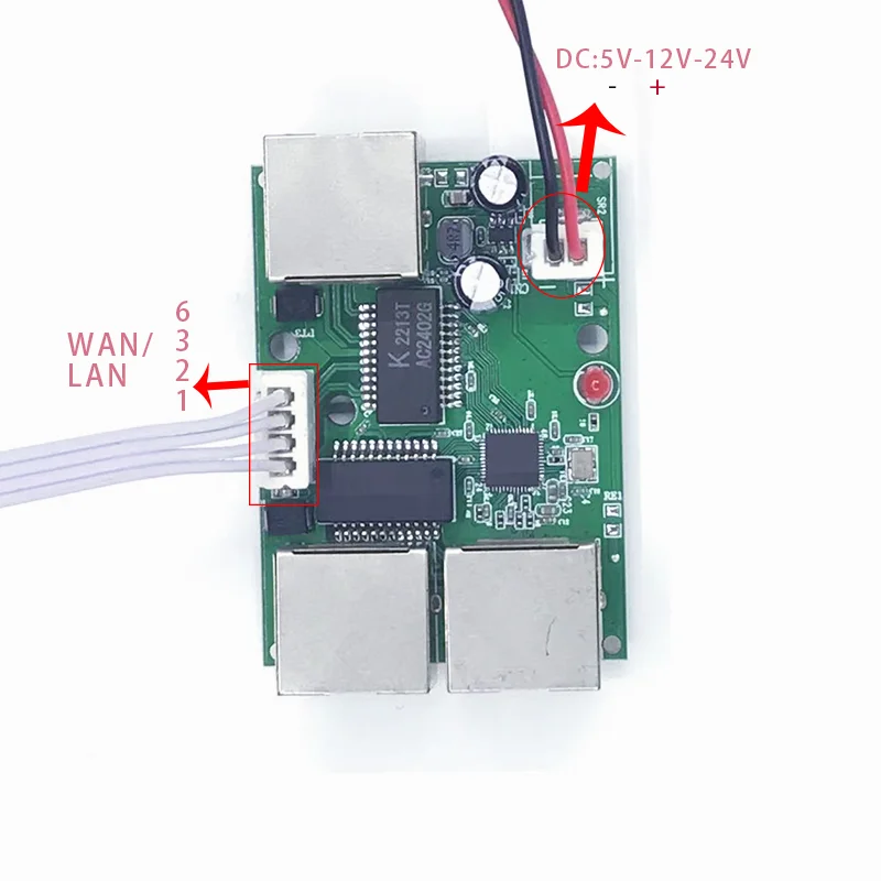 Mini PCBA Módulo de interruptor ethernet, Networkmini, 4 puertos, 10/100Mbps, 5V, 12V, 15V, 18V, 24V