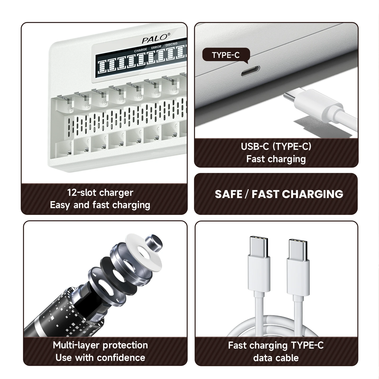 PALO 4/8/12 slots 1,5 V Li-ion batterijlader Snelle slimme intelligente USB-oplader voor 1,5 V lithium AA AAA oplaadbare batterijen