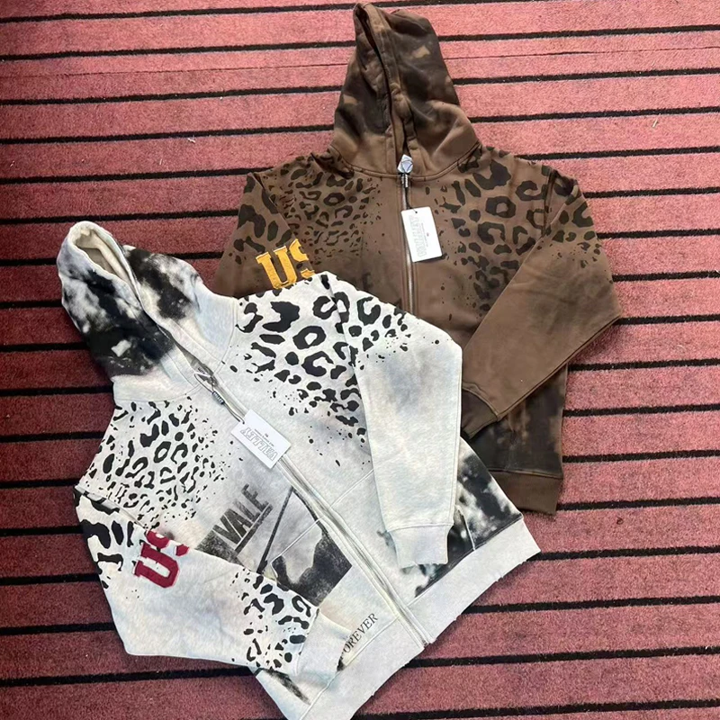American High Street Leopard Splice Print VALLEY Zip Hoodies Sets Man Woman Loose Straight Sweatpants 2 Piece Outfit