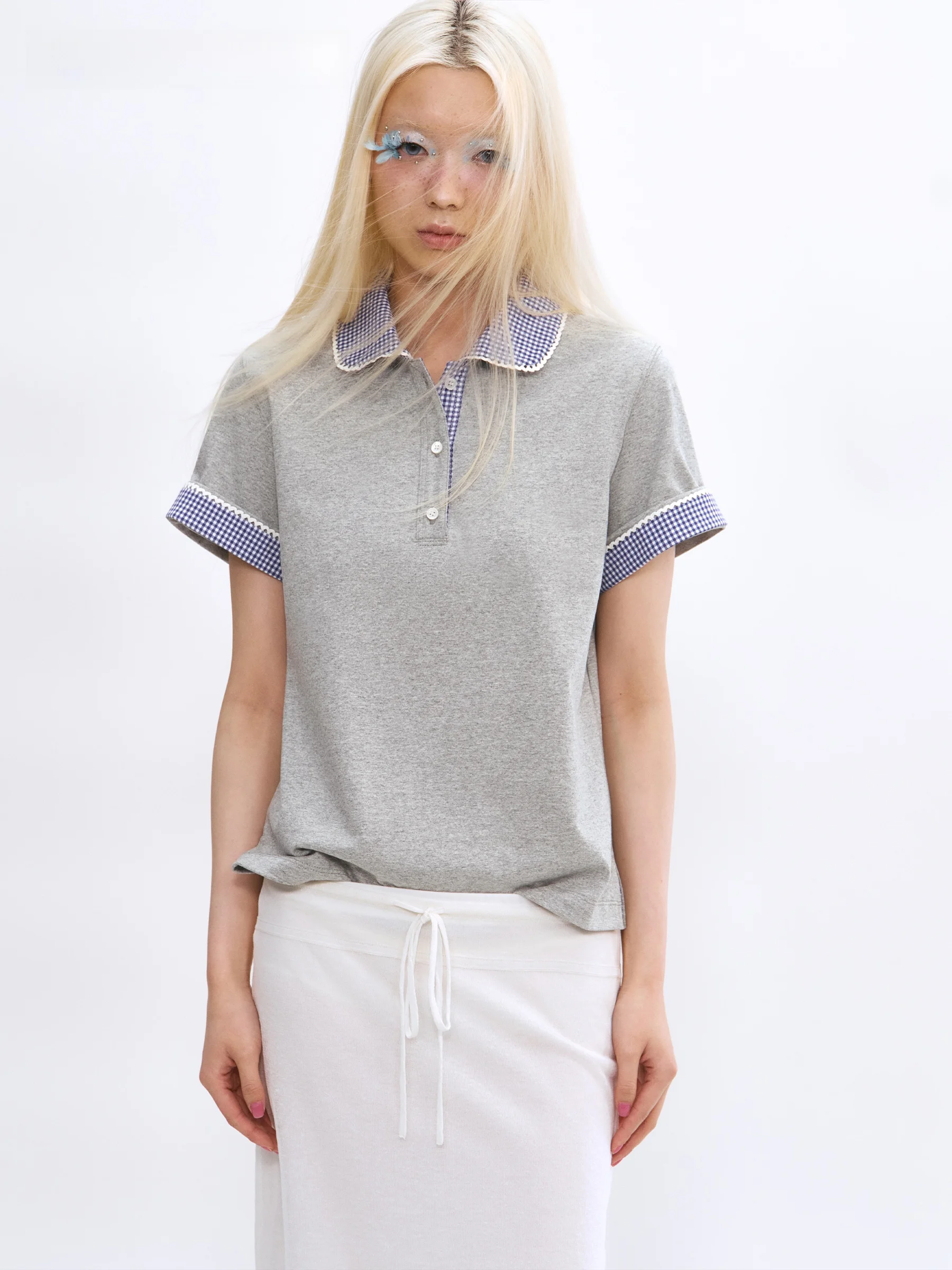 

VERMO Pure Cotton Comfortable Peter Pan Collar Casual Short Sleeve Top Checks Pattern Splicing Loose Fit Summer T-shirt