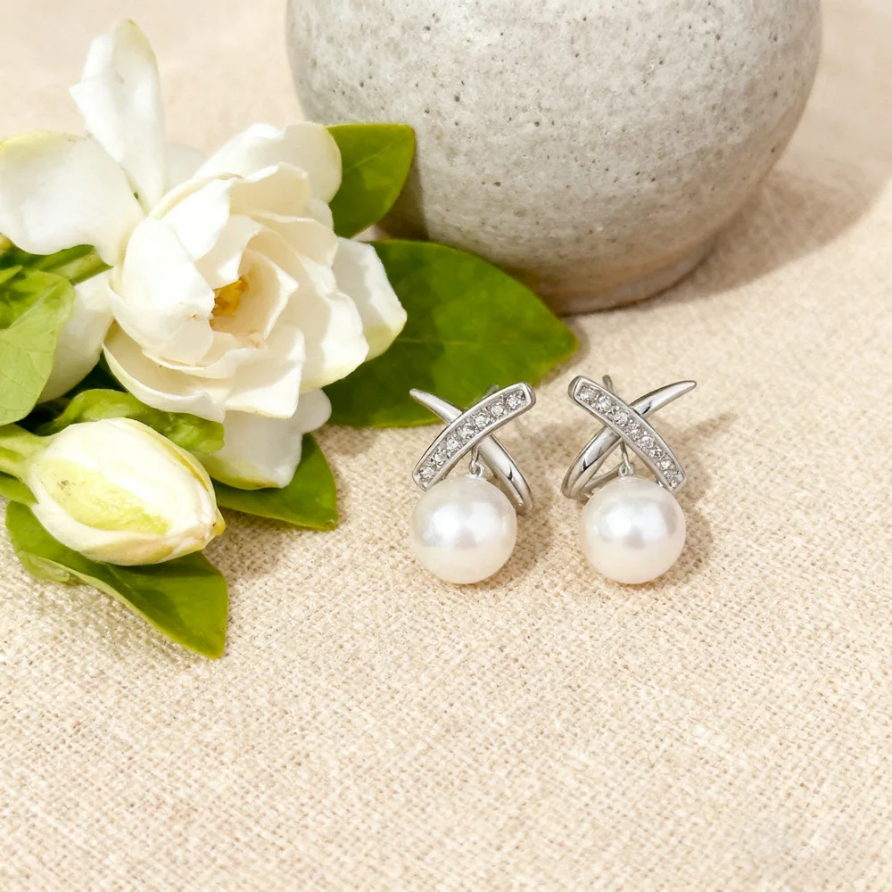 HENGSHENG 6-7mm Bread Round Natural Freshwater Pearl Earrings Jewelry Gift X Letters Zircon Stud Earrings for Women Girls