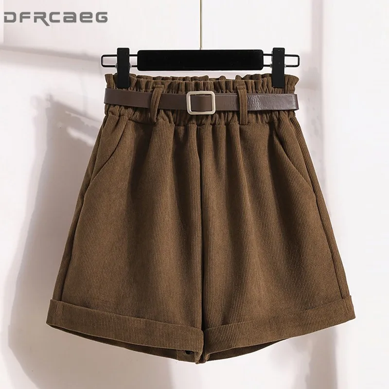 

High Waist Retro Women's Wide Leg Corduroy Shorts With Belt 2023 Casual Loose Winter Warm Short Pants For Boots Coffee