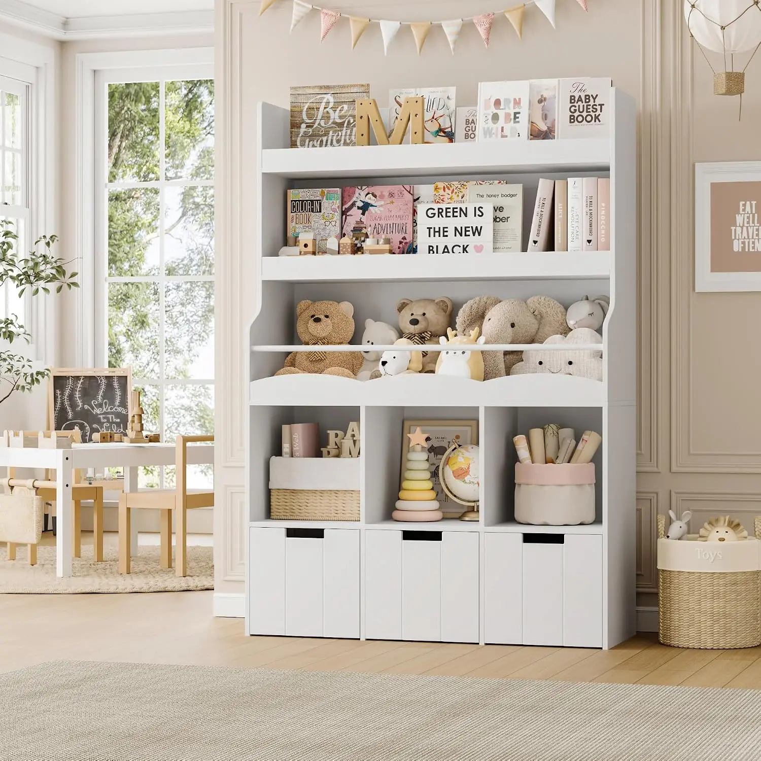 Toy Storage Organizer Bookshelf Stuffed Animal Organizer Large Movable Storage Bins Kids Book Shelf Bookcase Toy Boxes Kids Room