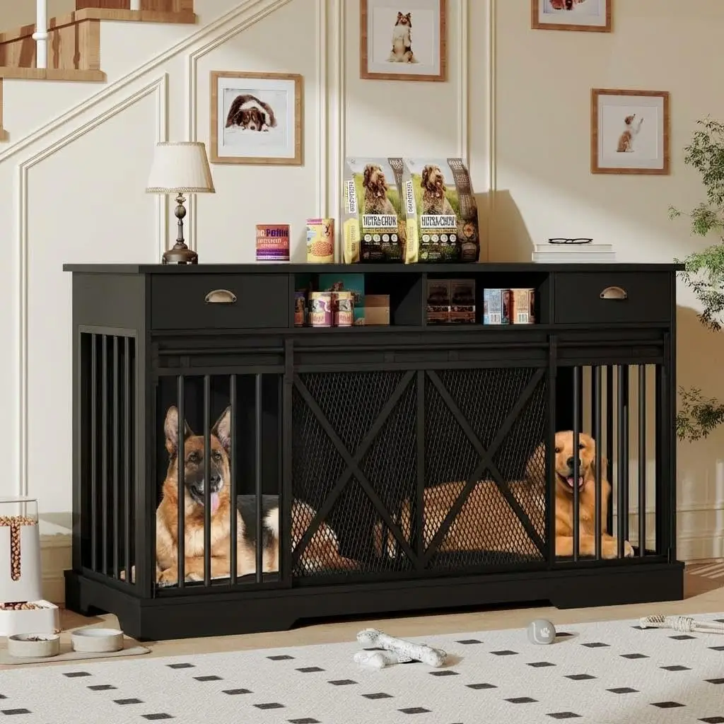 

Wooden Dog Kennel with Sliding Door, Storage Drawer, and Metal Mesh for Two Dogs