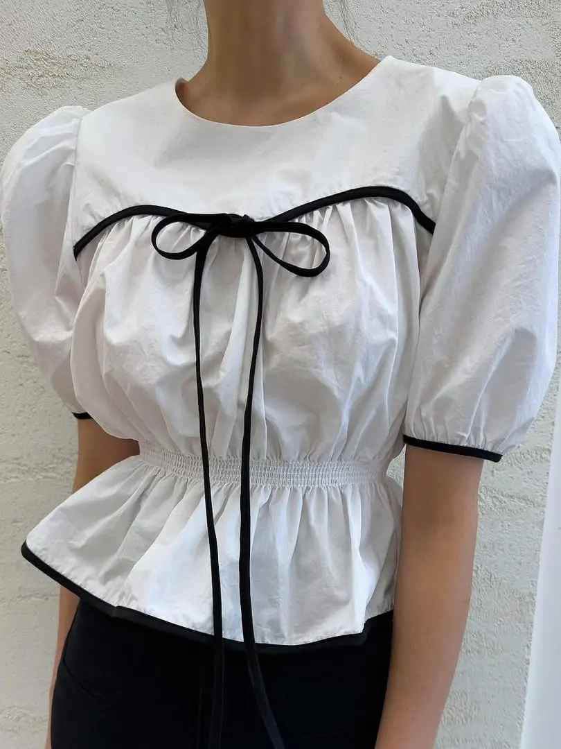

Korean Style Women's Short Sleeve Shirt Chic Summer New Vintage Floral Belted Waist Slimming Design Special Top round Neck ...