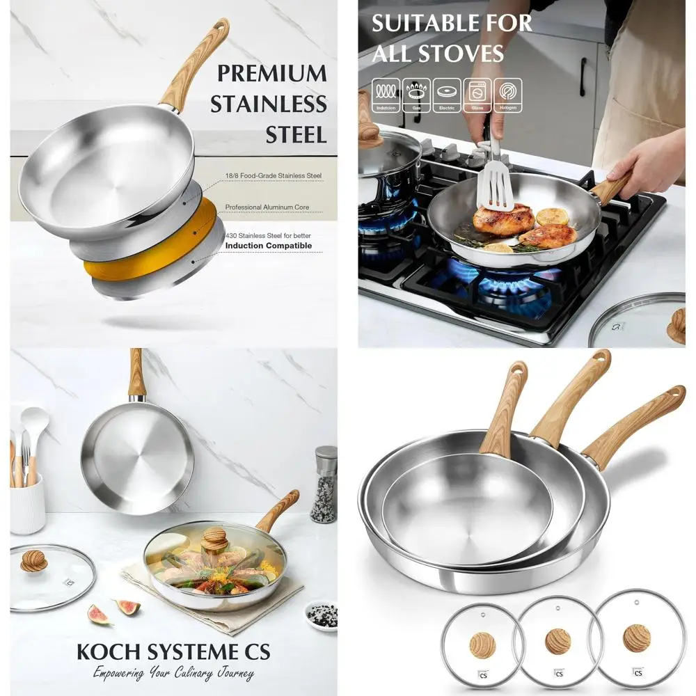 

8, 10, 12 Stainless Steel Pan Set with Lid, Triple-Layer Base, Heat-Resistant Handles, Induction Compatible, Dishwasher Safe