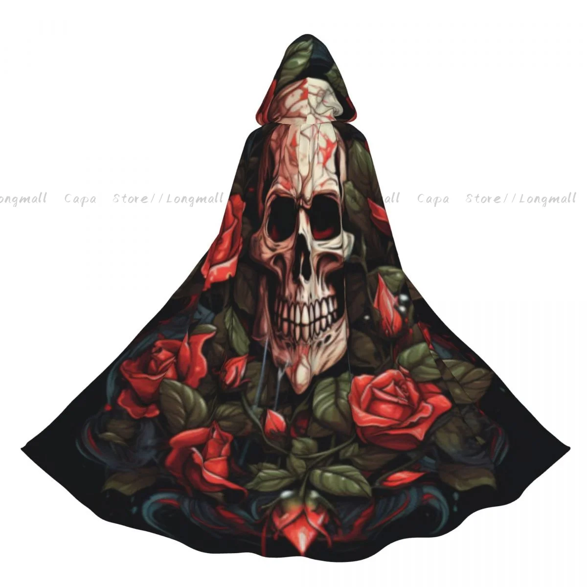 Adult Halloween Bandit Skull With Roses Illustration Cloak Cape Hooded Medieval Costume Full Length Dress Coat