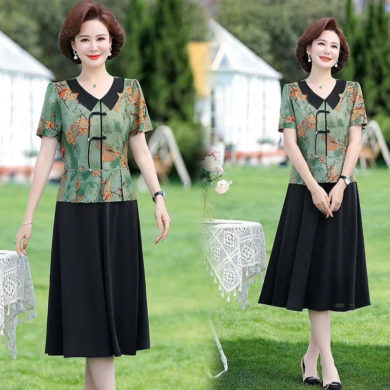 

Female Clothing Vintage Floral Printed Midi Dress Summer Casual Short Sleeve Stylish Peter Pan Collar Button Patchwork Dresses