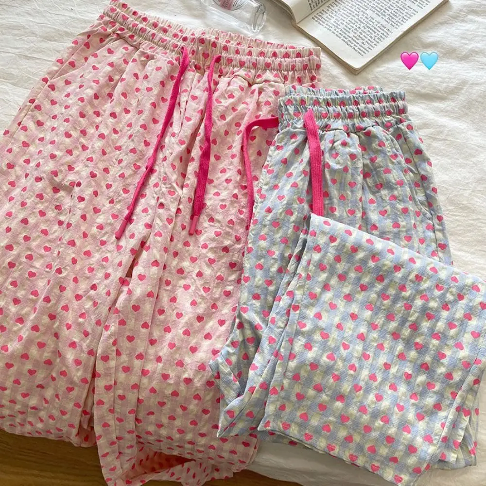 

Casual Heart Prints Long Pants Bowknot Plaid Pajamas Lace-up New Design Home Pants For Women Girl