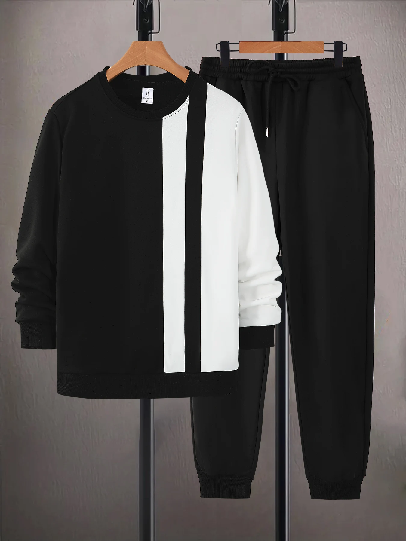 Men's Black and White Vertical Stripe Color-Block Crewneck Long-Sleeve Sweatshirt and Black Jogger Sweatpants Two-Piece Set, Spring and Autumn Loose Trendy Sports Suit, Mature Men's Daily Commute Casual Outfit Complete Set view 2