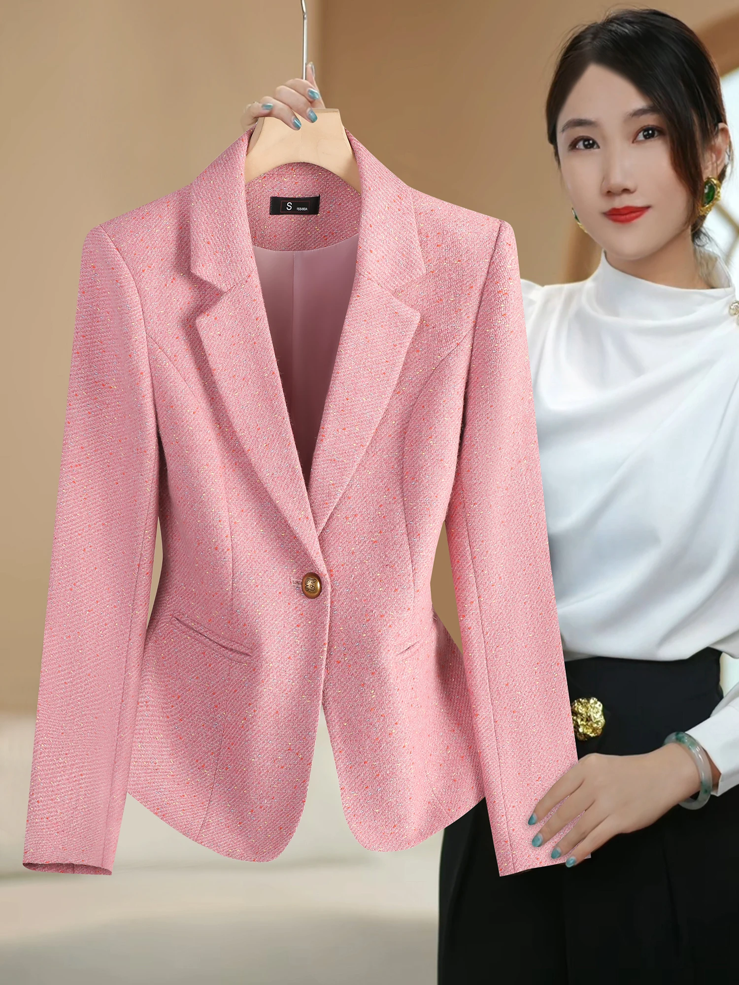 

Fall Winter Polka Dot Pink Suit Jaet Women's Small Size eat Workwear Profional Ele Luxury Feel Commute Busin