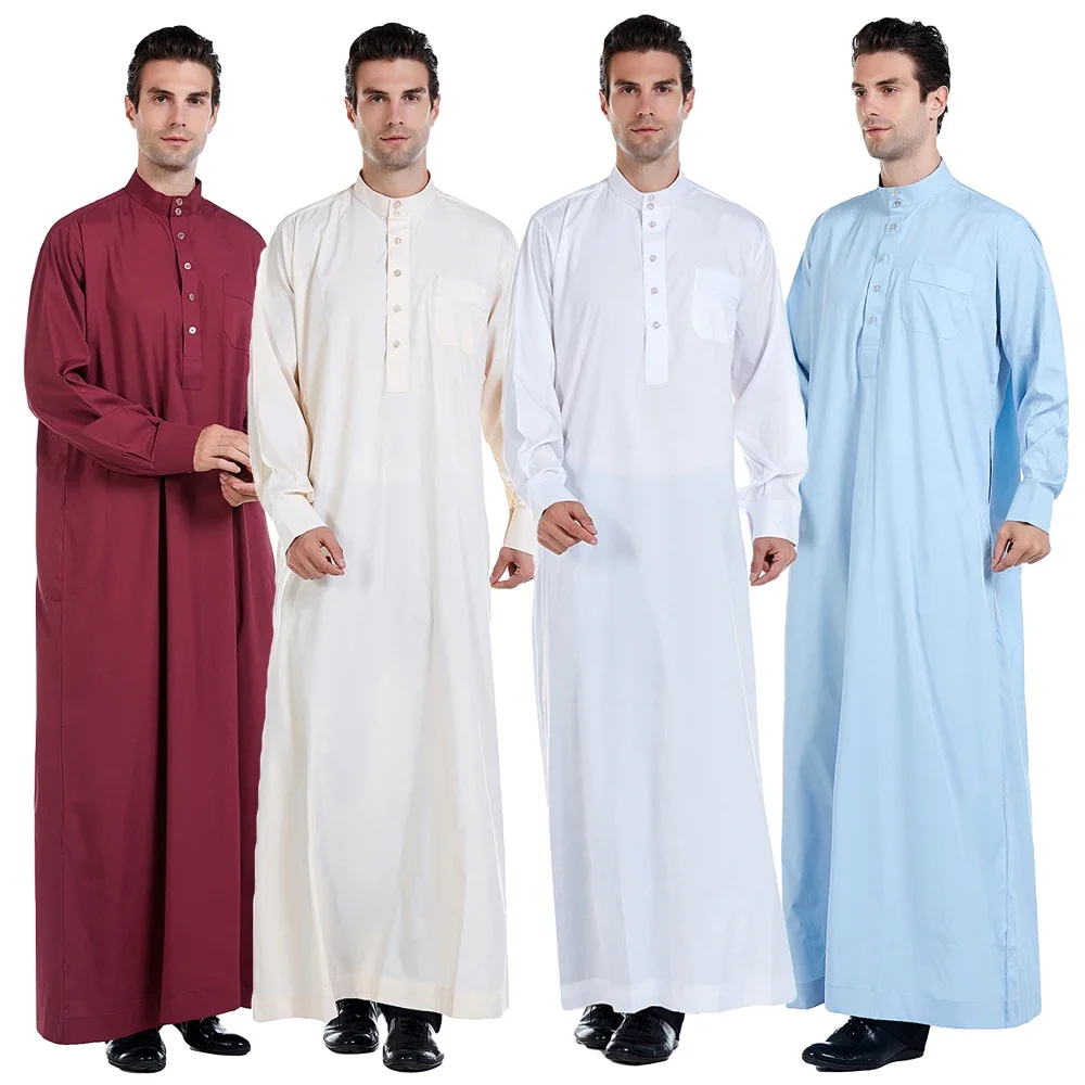 Uomini musulmani tradizionali Jubba Thobe Arabo Dubai Caftano Abaya Robe Islam Abbigliamento Abito lungo saudita Caftano Eid Ramadan Medio Oriente