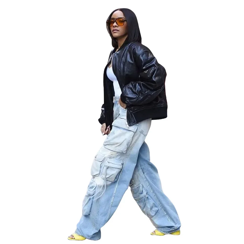 Women Safari Style Ripped Out Drawstring Hem Elastic Waist Multi Pocke Denim Pants 2023 INS Fashion Cargo Jeans Trousers