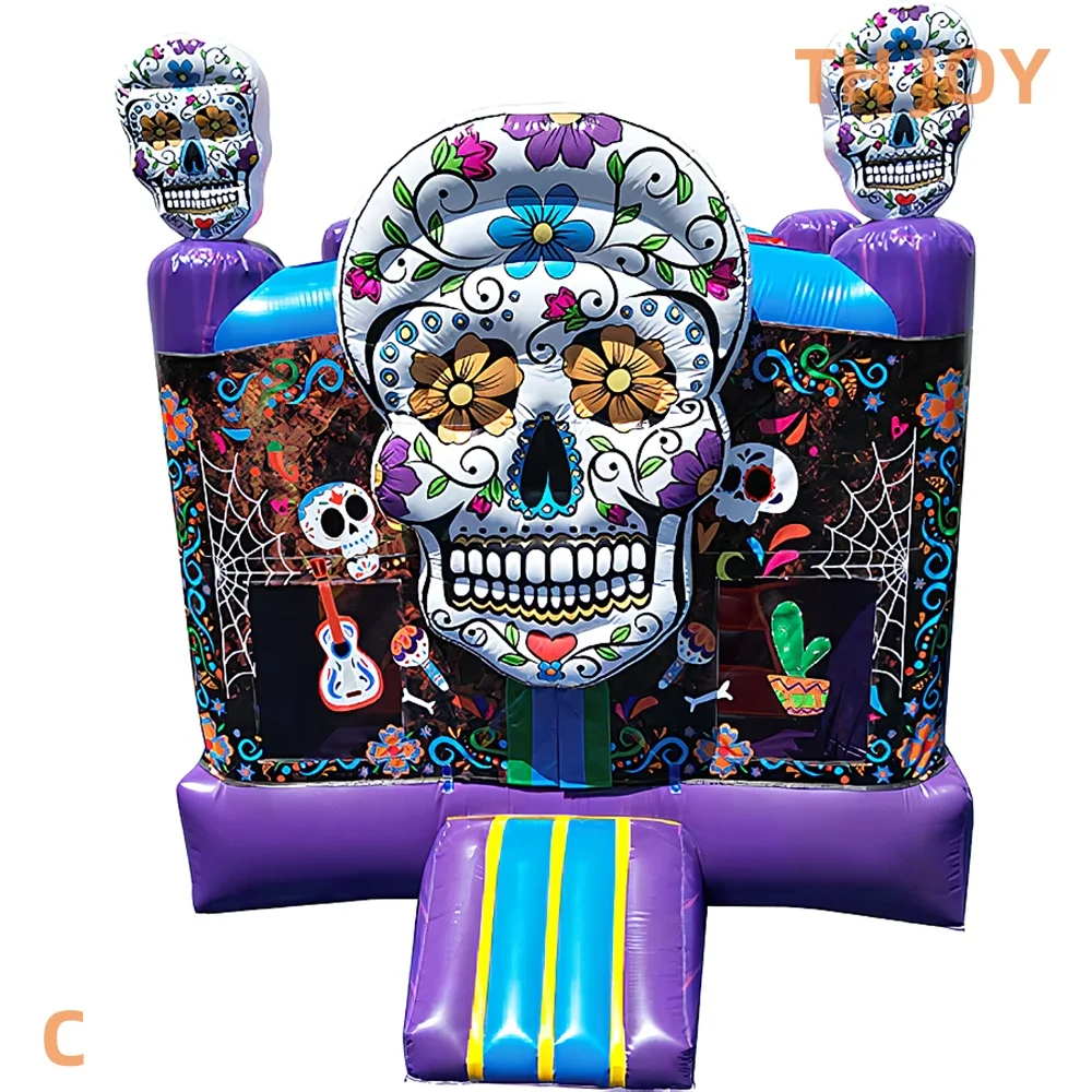 Livraison aérienne rapide à porte, nouvelle maison de rebond gonflable d'halloween 2025, maison de cavalier de tête de crâne personnalisée pour enfants