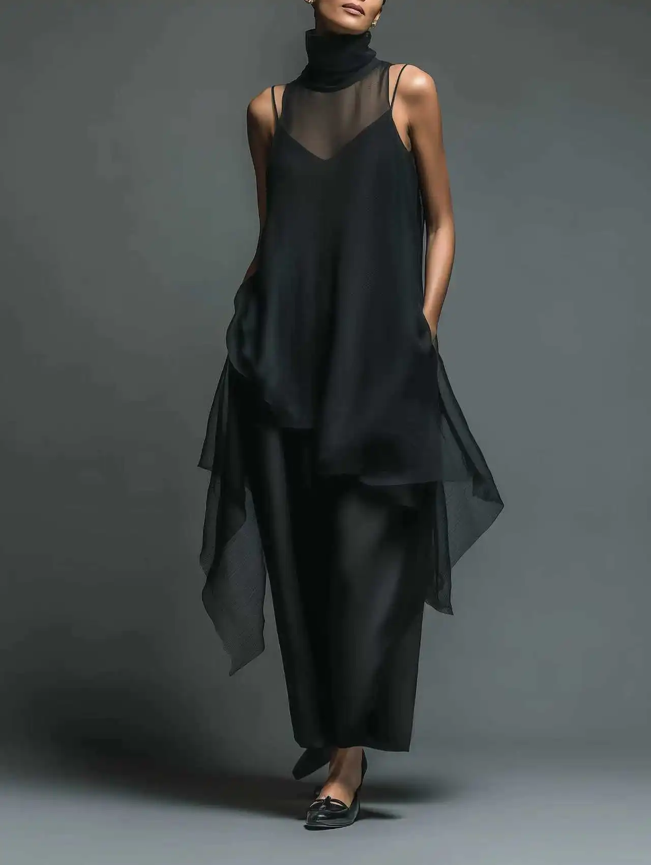 

Women's Elegant Turtleneck Irregular Chiffon Long Dress with Satin Suspender Vacation Party Summer Evening Cocktail